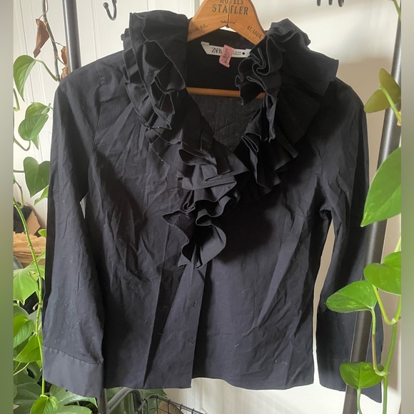 Zara Tops - Zara Black Cotton Ruffled Collar Button Up Blouse